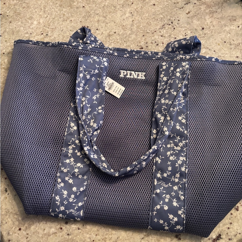 PINK Victoria's Secret Blue Tote Bag with Floral Accents